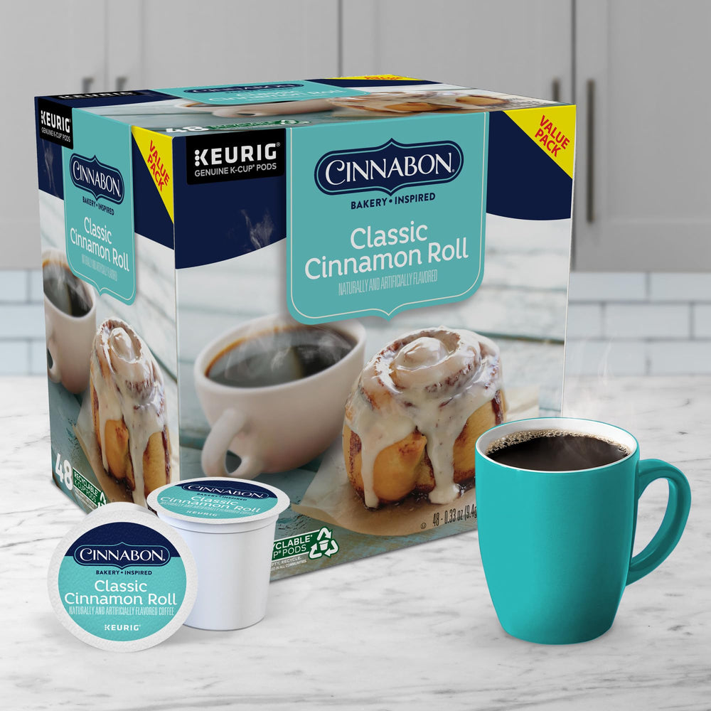 CINNABON coffee pouring into mug showing quick single-serve preparation