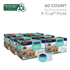 Cinnabon single K-Cup pod resting next to brewer, easy single-serve convenience