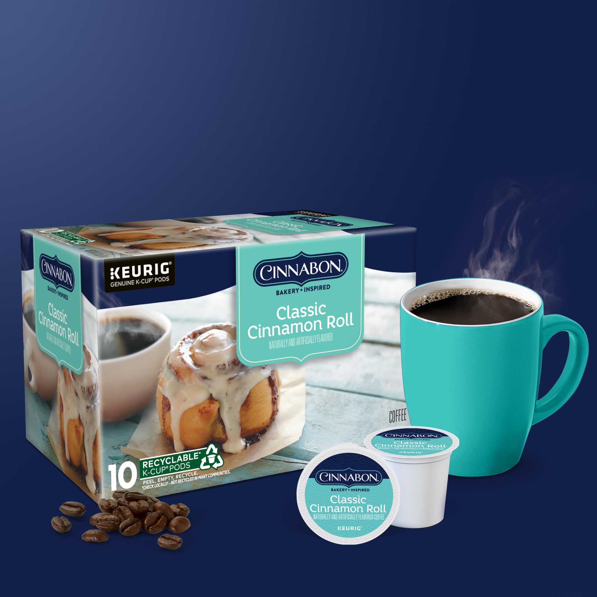 Morning breakfast setting with Cinnabon coffee, evokes cozy indulgent routine