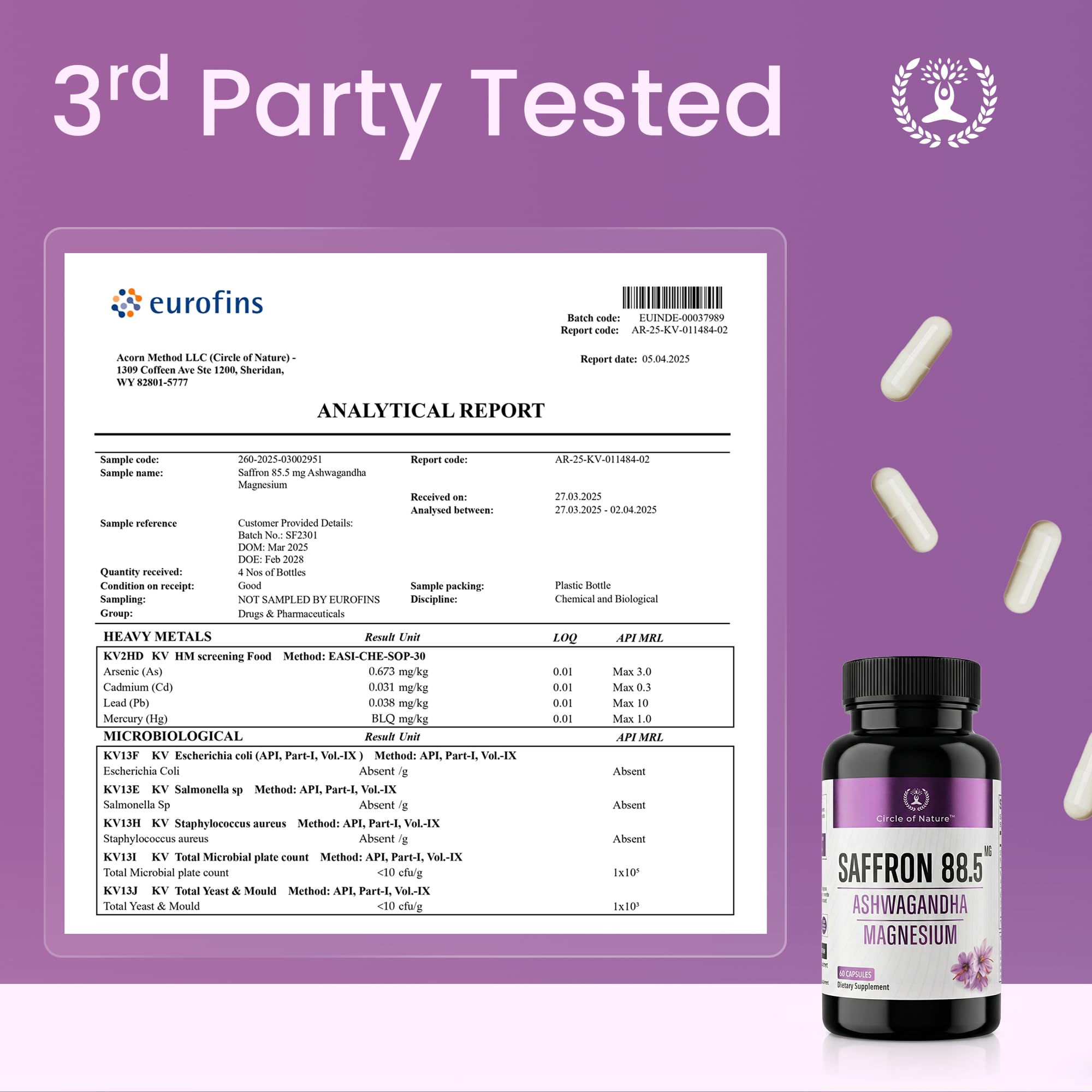 CIRCLE OF NATURE capsules next to a measuring scale showing serving size clarity
