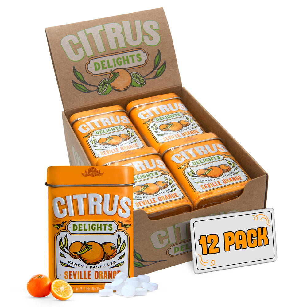 Citrus Delights front tin showing Seville Orange label and attractive packaging benefit