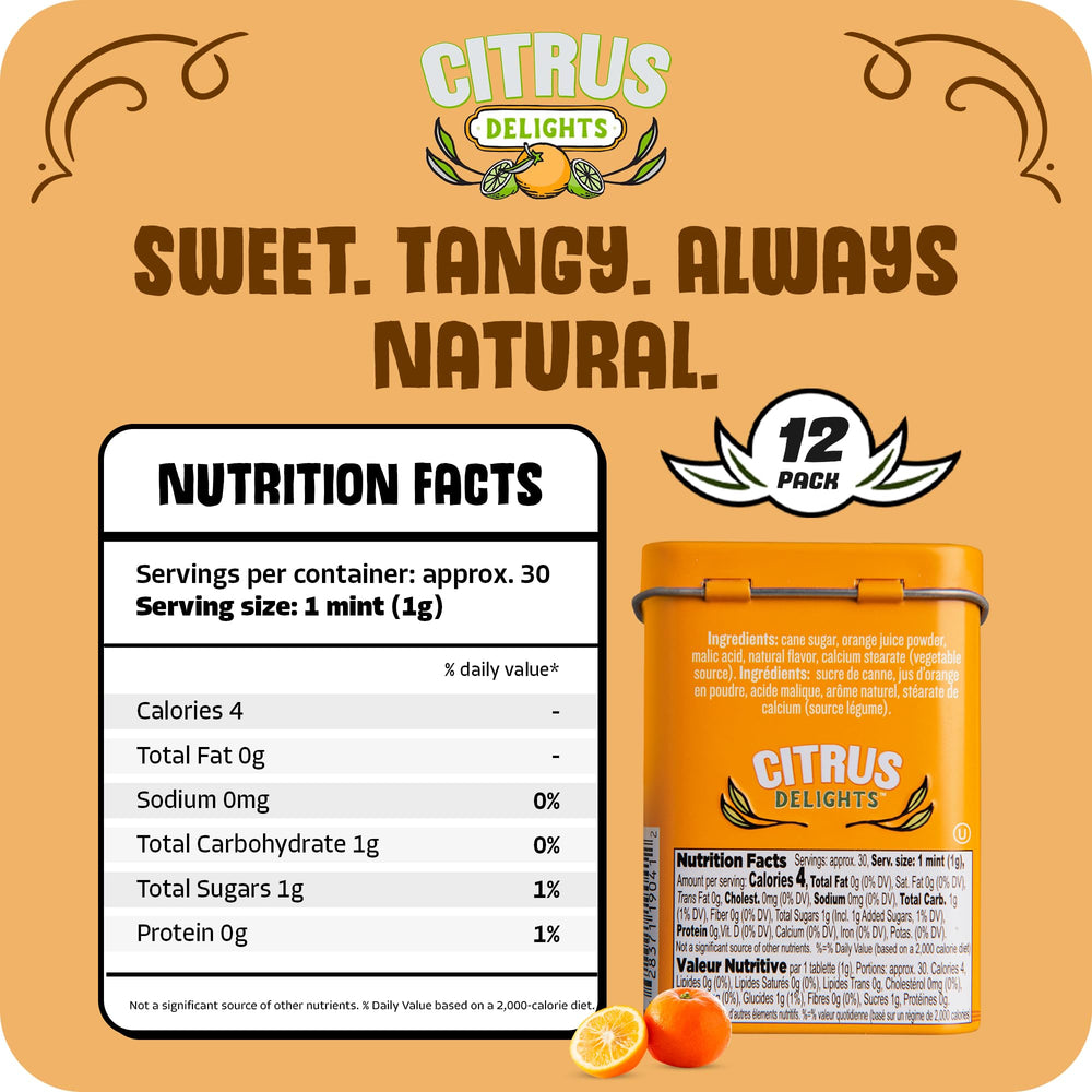 Citrus Delights open tin top view with neat 30 pastilles, convenient freshness benefit