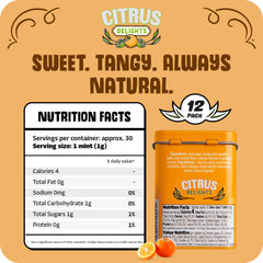 Citrus Delights open tin top view with neat 30 pastilles, convenient freshness benefit