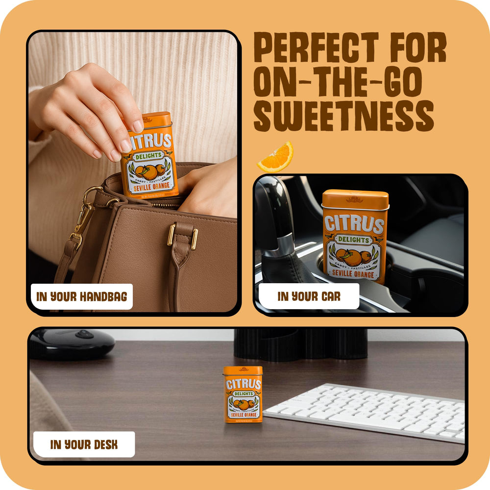Citrus Delights tin side label details with ingredient transparency and certification benefit