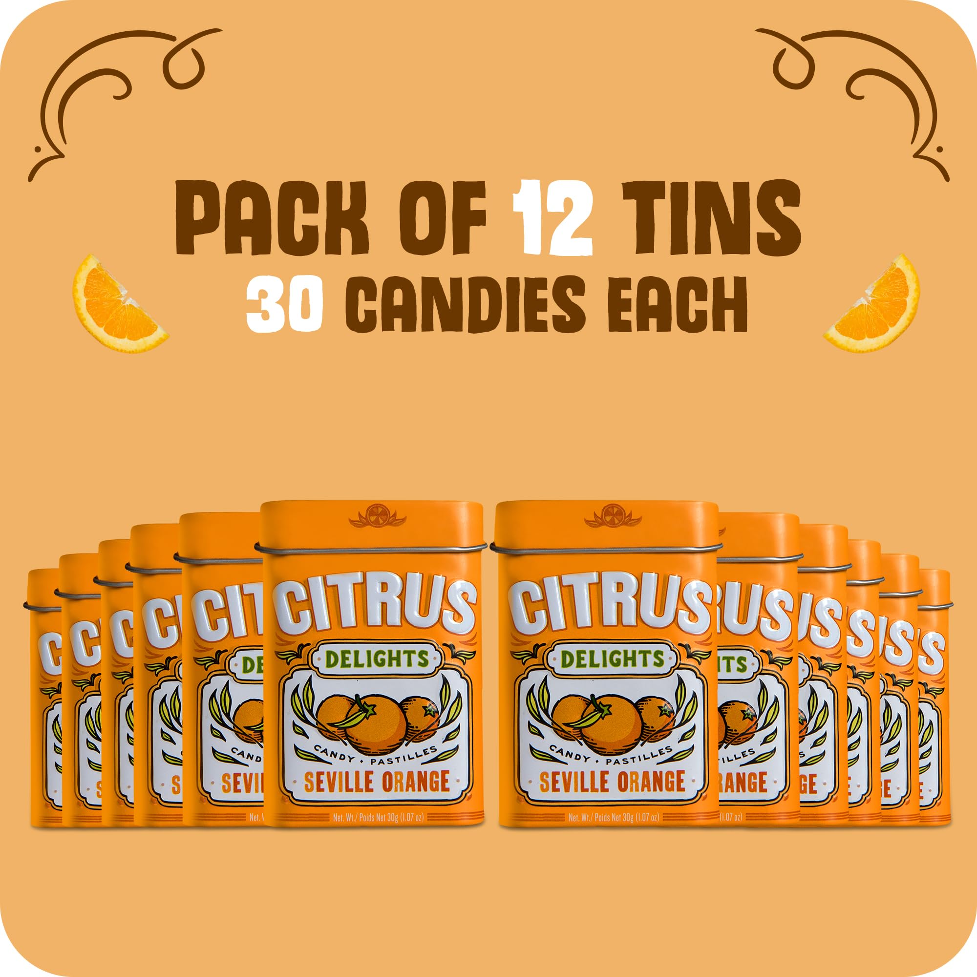 Citrus Delights twelve-tin display pack staged for gifting and bulk convenience benefit