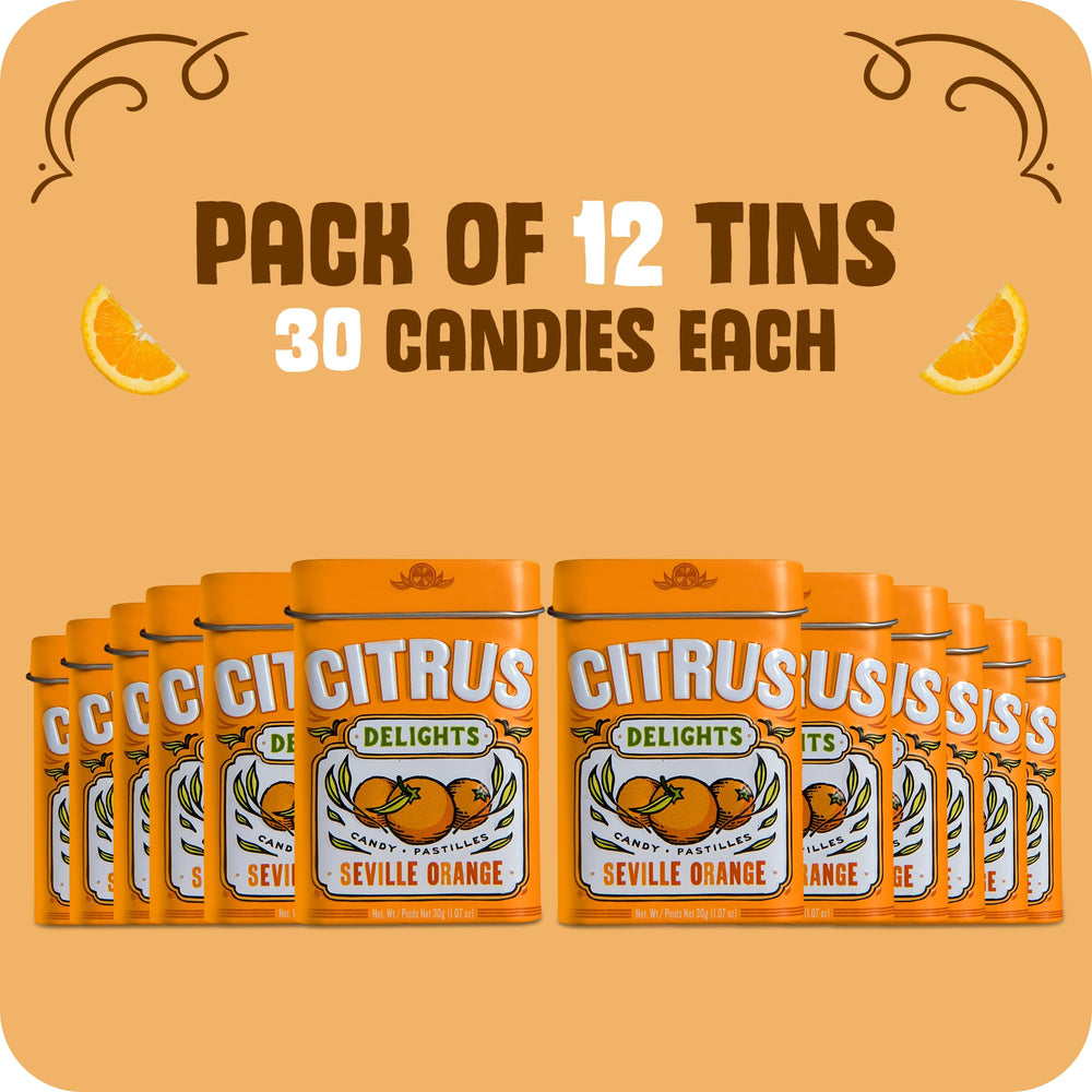 Citrus Delights twelve-tin display pack staged for gifting and bulk convenience benefit