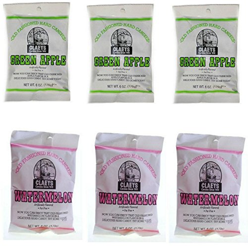 Claeys front packaging of 36 ounce bag showing green apple and watermelon candies for nostalgic sharing