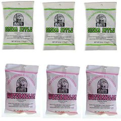Claeys front packaging of 36 ounce bag showing green apple and watermelon candies for nostalgic sharing