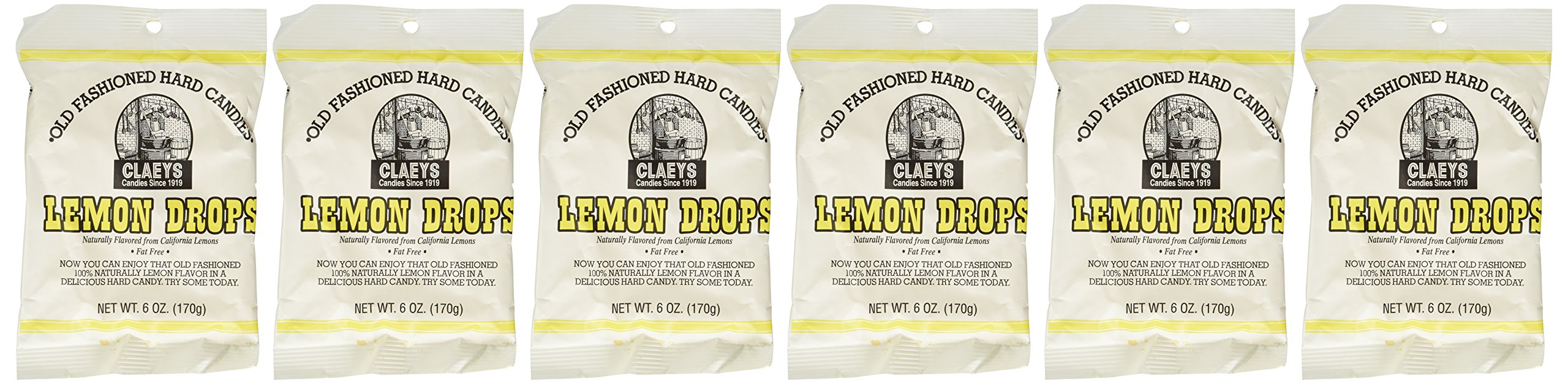 Claeys front packaging showing six 6oz bags and clear lemon-drop visibility, convenient multi-pack benefit