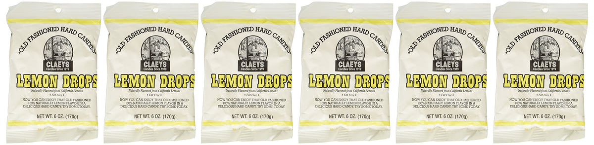 Claeys front packaging showing six 6oz bags and clear lemon-drop visibility, convenient multi-pack benefit