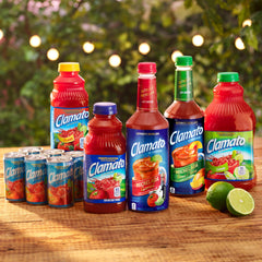 Clamato label close-up highlighting tomato and spice flavor profile