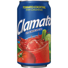 Pouring Clamato into a glass to mix cocktails and save time