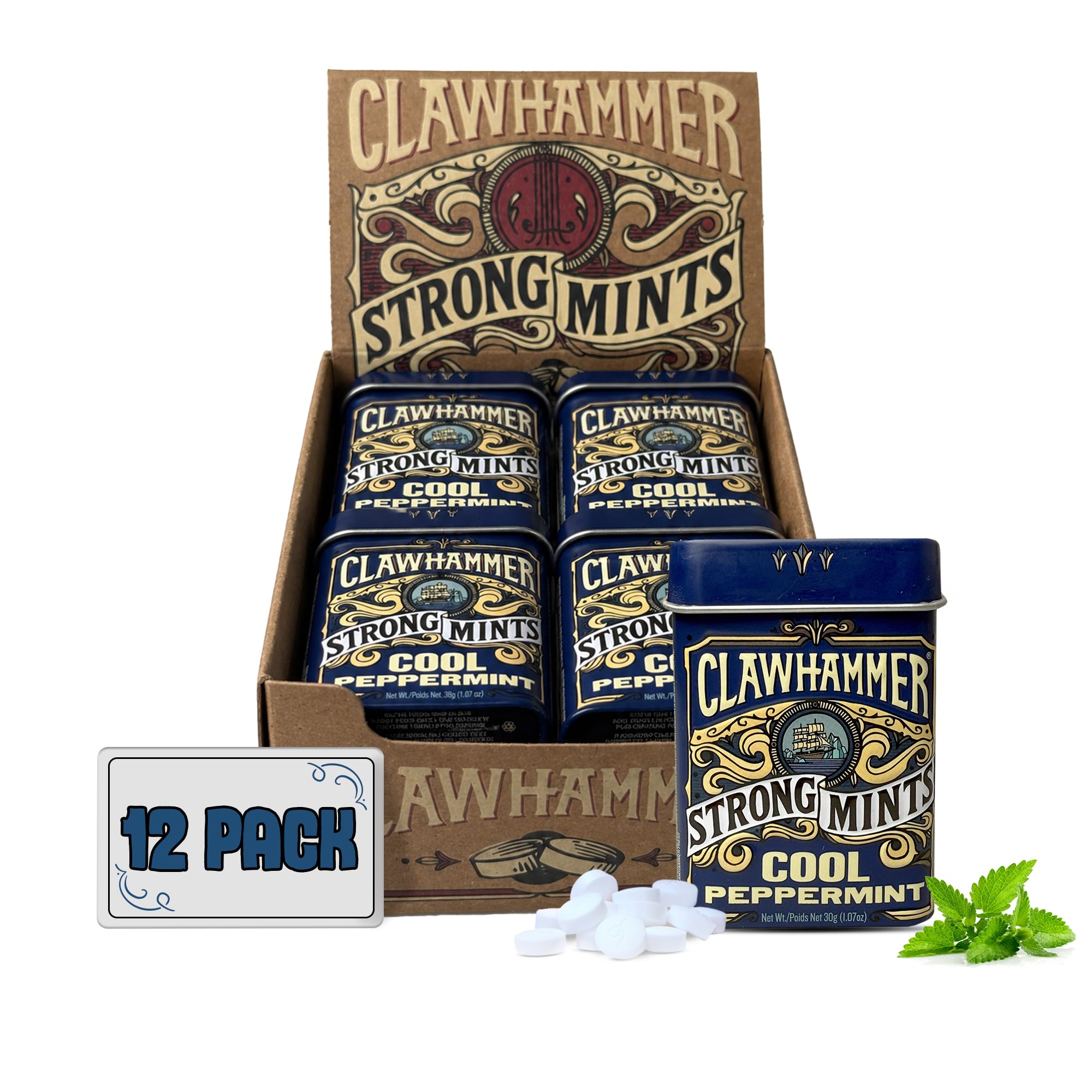 Clawhammer front packaging tin showing compact travel-friendly design and freshness
