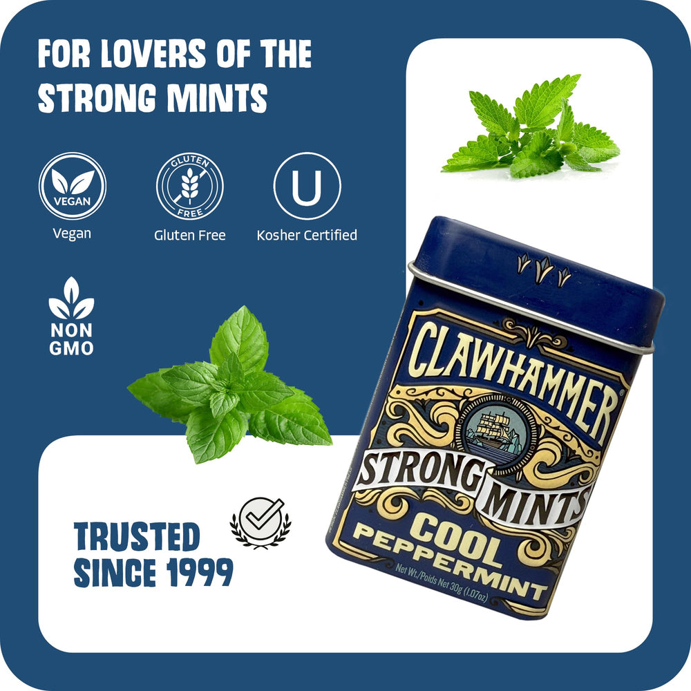 Clawhammer open tin top view with visible mints for quick access and portioning