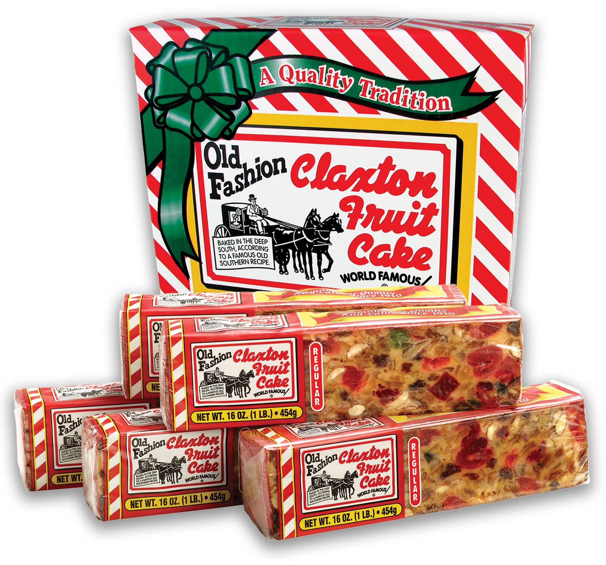 Claxton Fruit Cake front carton showing five-loaf package and gift-ready presentation benefit