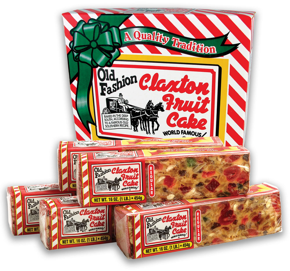 Claxton Fruit Cake front carton showing five-loaf package and gift-ready presentation benefit