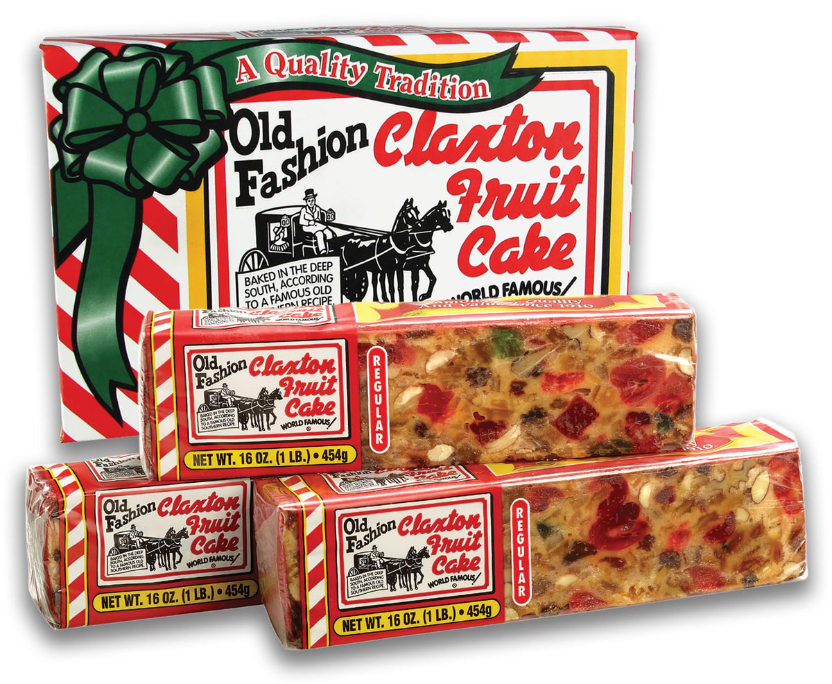Claxton Fruit Cake front carton showing three 1 lb loaves and gift-ready design