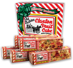 Claxton Fruit Cake front carton showing five-loaf package and gift-ready presentation benefit