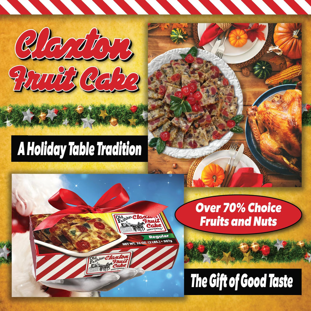 Claxton Fruit Cake ingredients display with raisins, cherries, nuts highlighting premium components