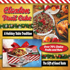 Claxton Fruit Cake ingredients display with raisins, cherries, nuts highlighting premium components