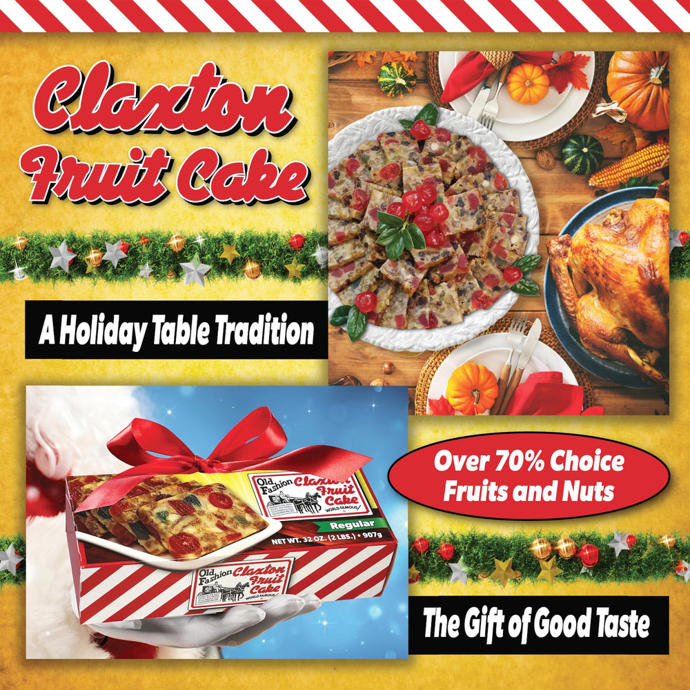Claxton Fruit Cake ingredients spread with fruits and nuts showcasing quality mix