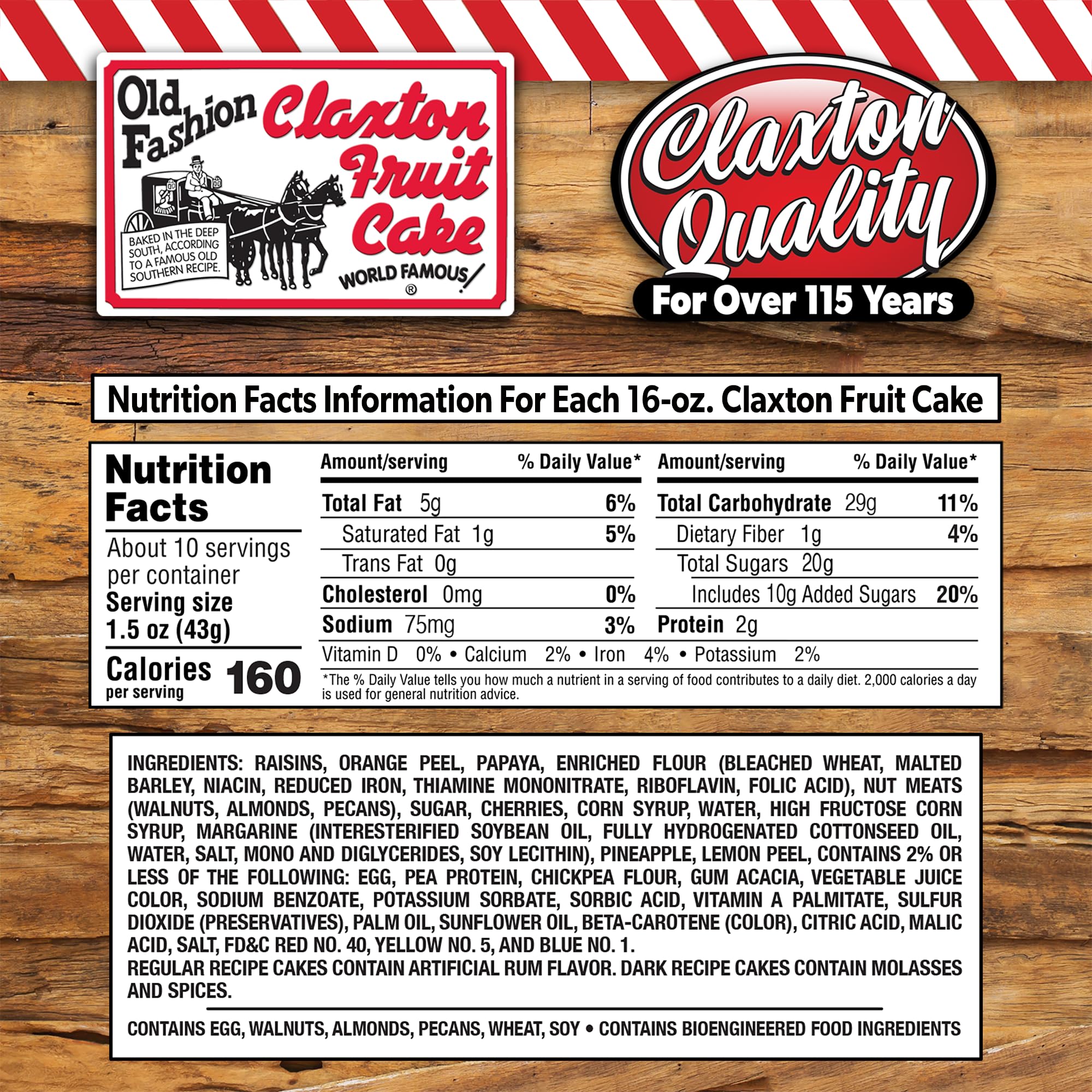 Claxton Fruit Cake label close-up emphasizing heritage and ingredient information