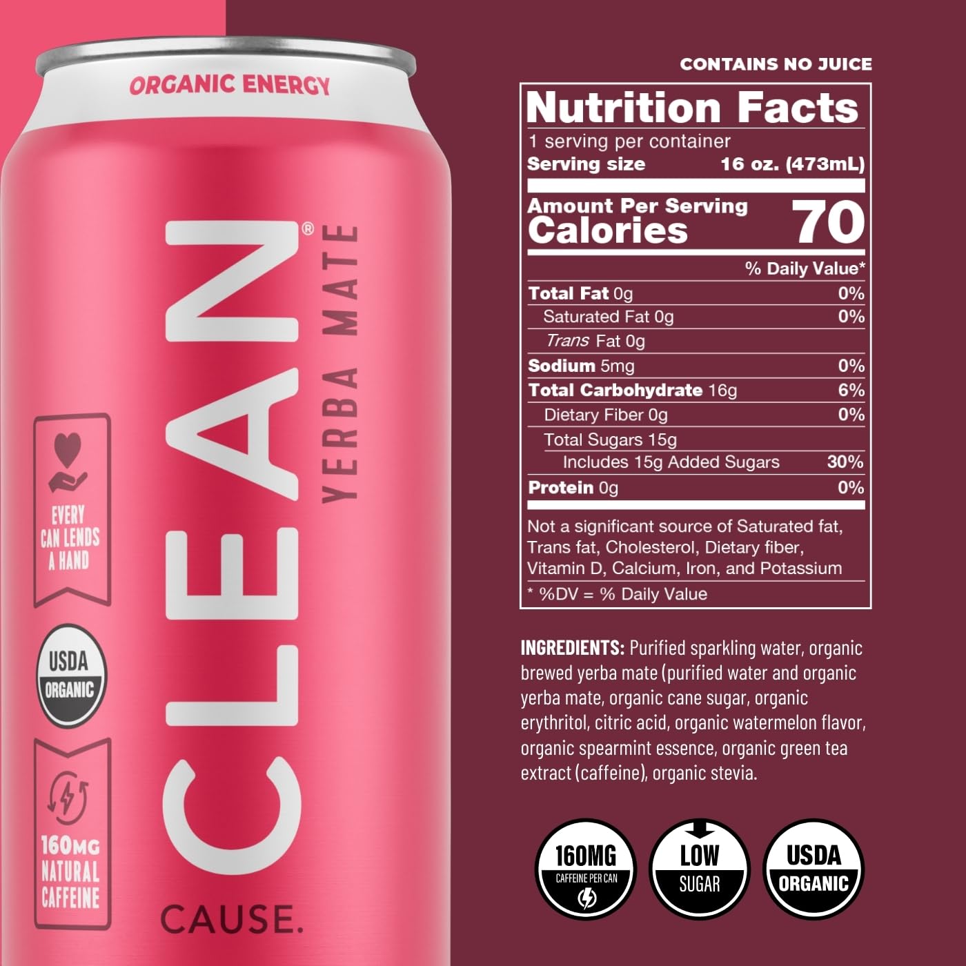 CLEAN Cause close-up of can texture and logo highlighting carbonation and crisp appearance