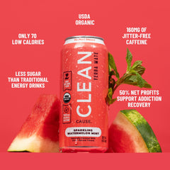 CLEAN Cause can beside sliced watermelon indicating natural fruit flavor and freshness