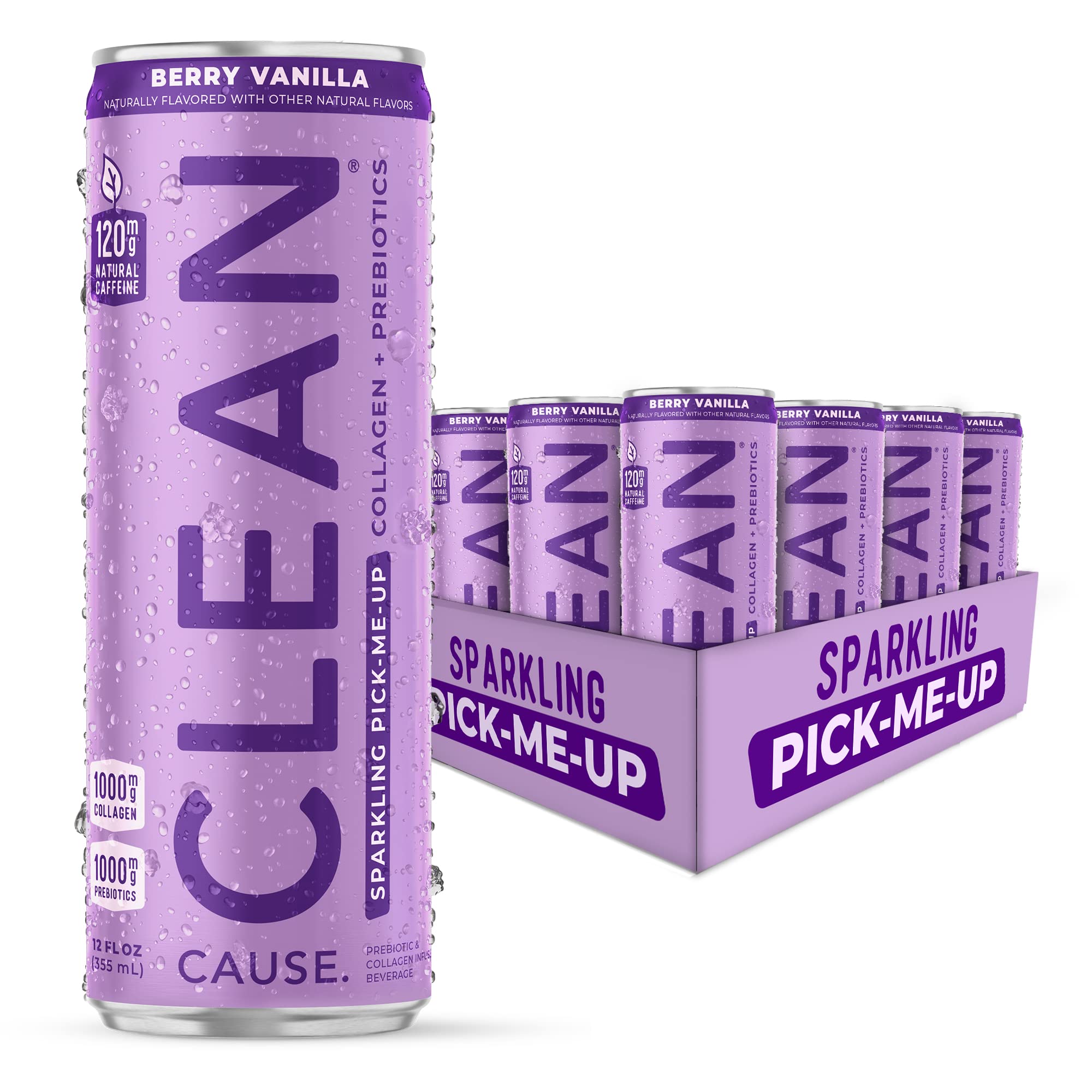 CLEAN Cause front can view showing berry vanilla flavor and low sugar benefit