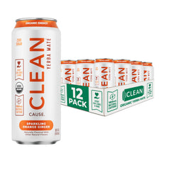 CLEAN Cause front packaging of orange ginger 12-pack showing branding and organic badge