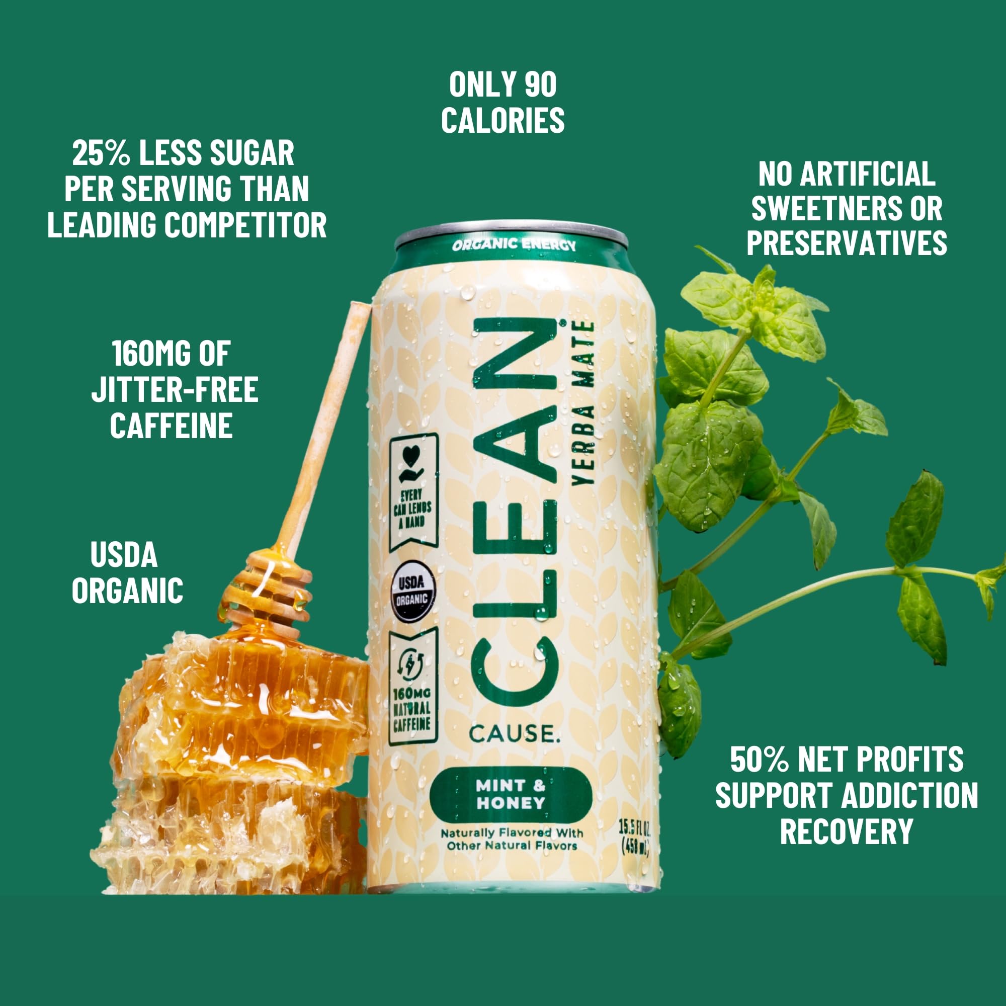 CLEAN CAUSE poured over ice in glass, refreshing mint taste for active days