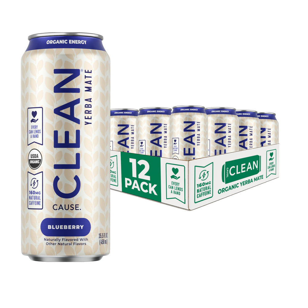 CLEAN CAUSE front packaging showing blueberry mate cans and product clarity benefit