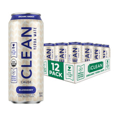 CLEAN CAUSE front packaging showing blueberry mate cans and product clarity benefit
