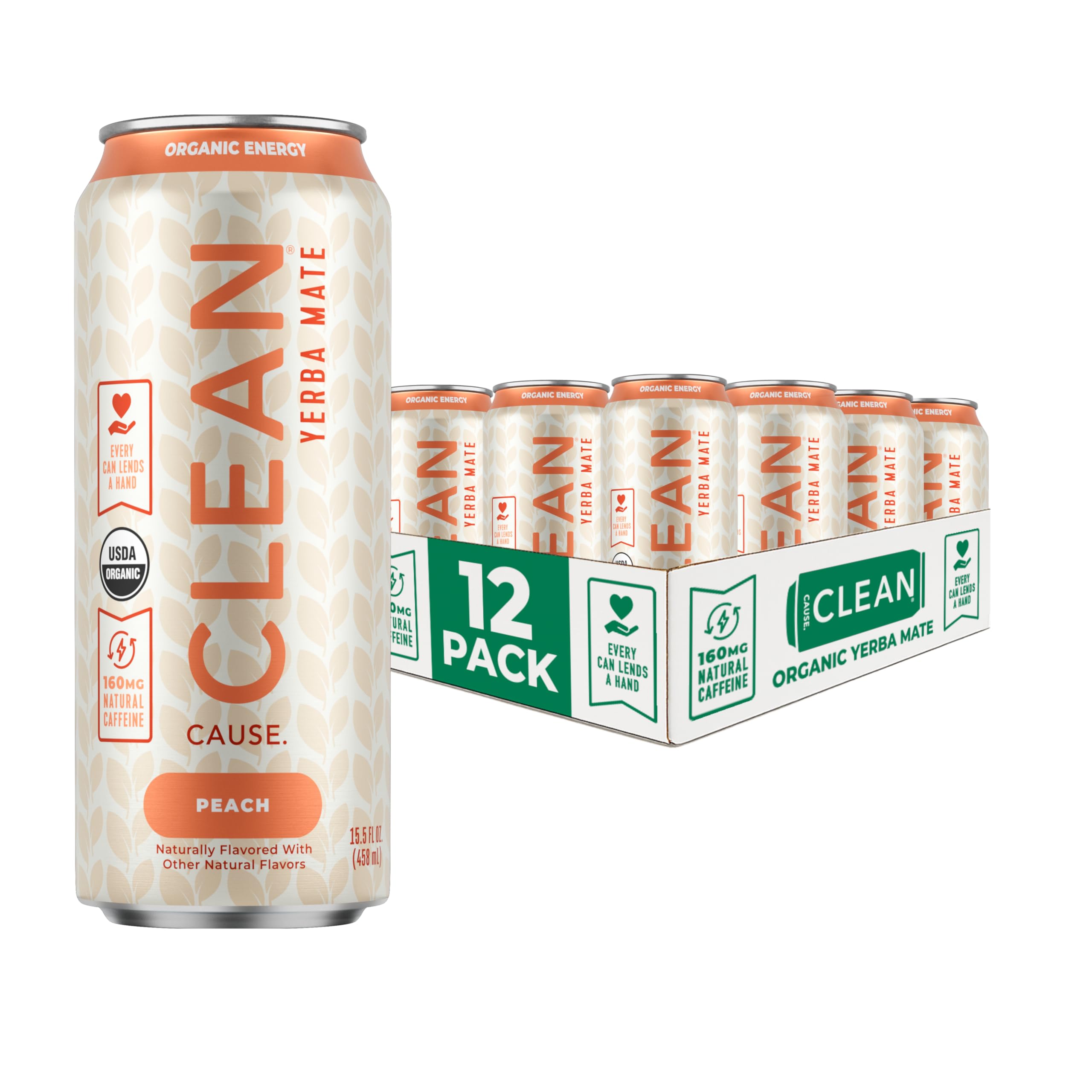 CLEAN Cause front can view showing peach flavor and organic badge, highlights natural boost