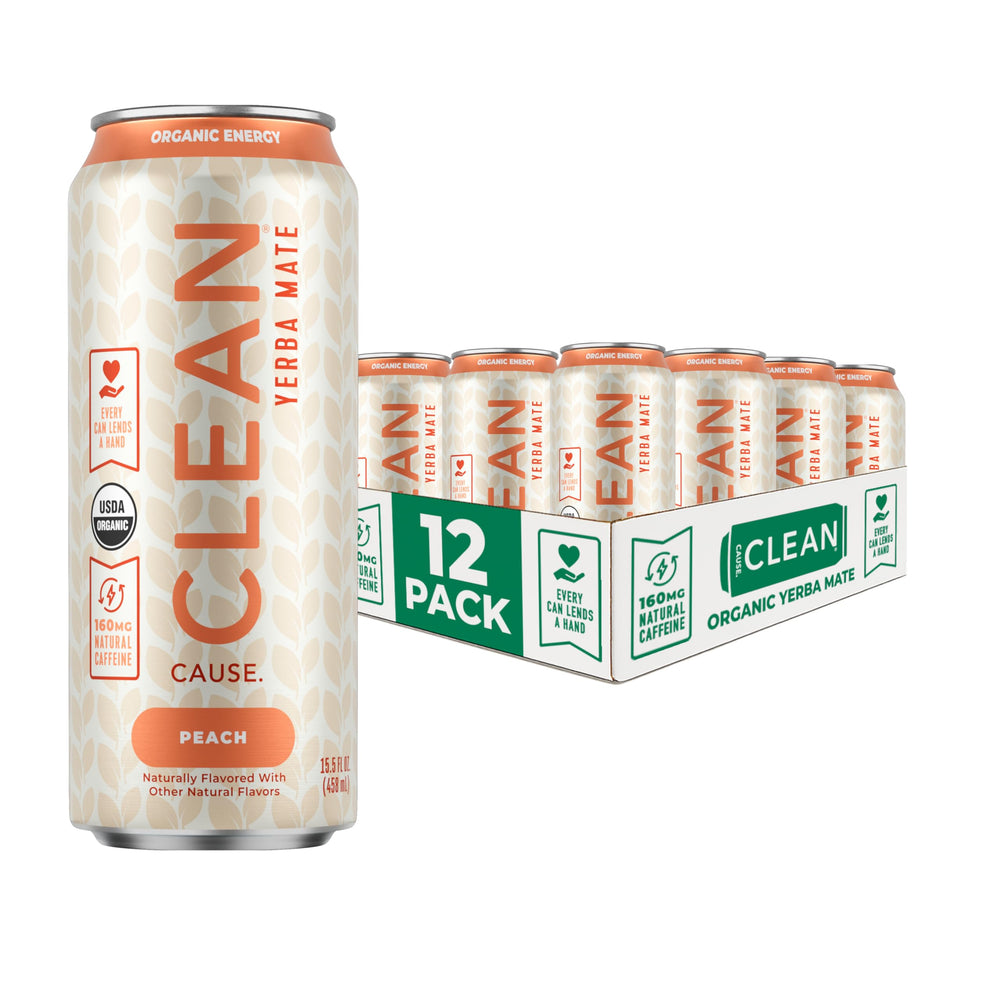 CLEAN Cause front can view showing peach flavor and organic badge, highlights natural boost