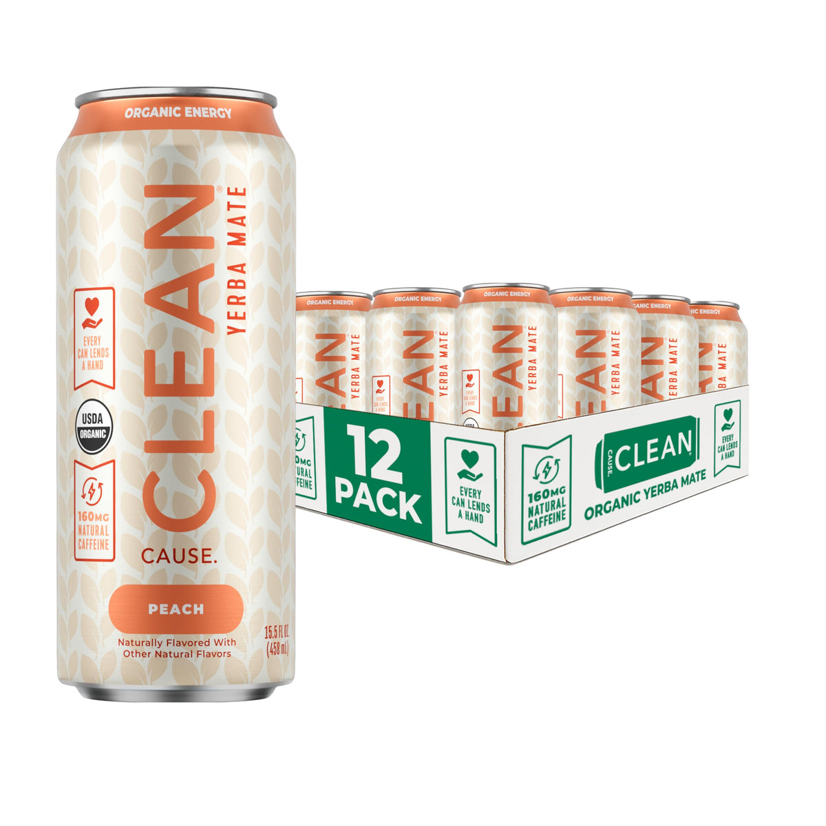 CLEAN Cause front can view showing peach flavor and organic badge, highlights natural boost