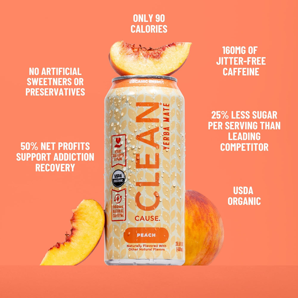 CLEAN Cause can pouring peach yerba mate into glass, demonstrates smooth non-carbonated texture