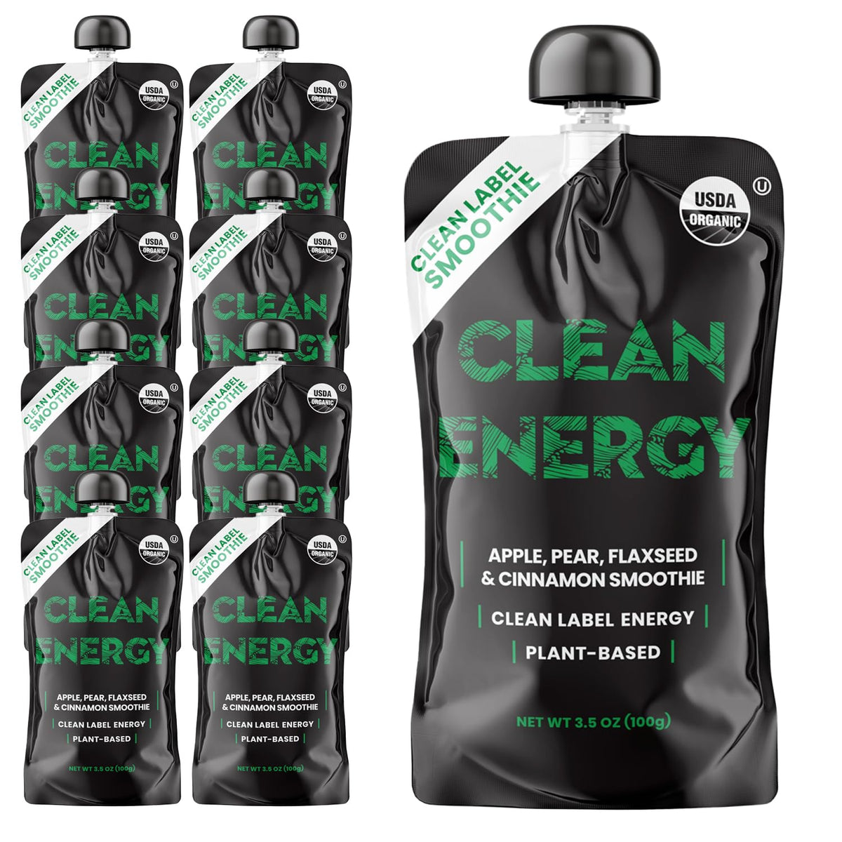 Clean Energy front packaging showing organic smoothie pouches and brand