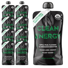 Clean Energy front packaging showing organic smoothie pouches and brand
