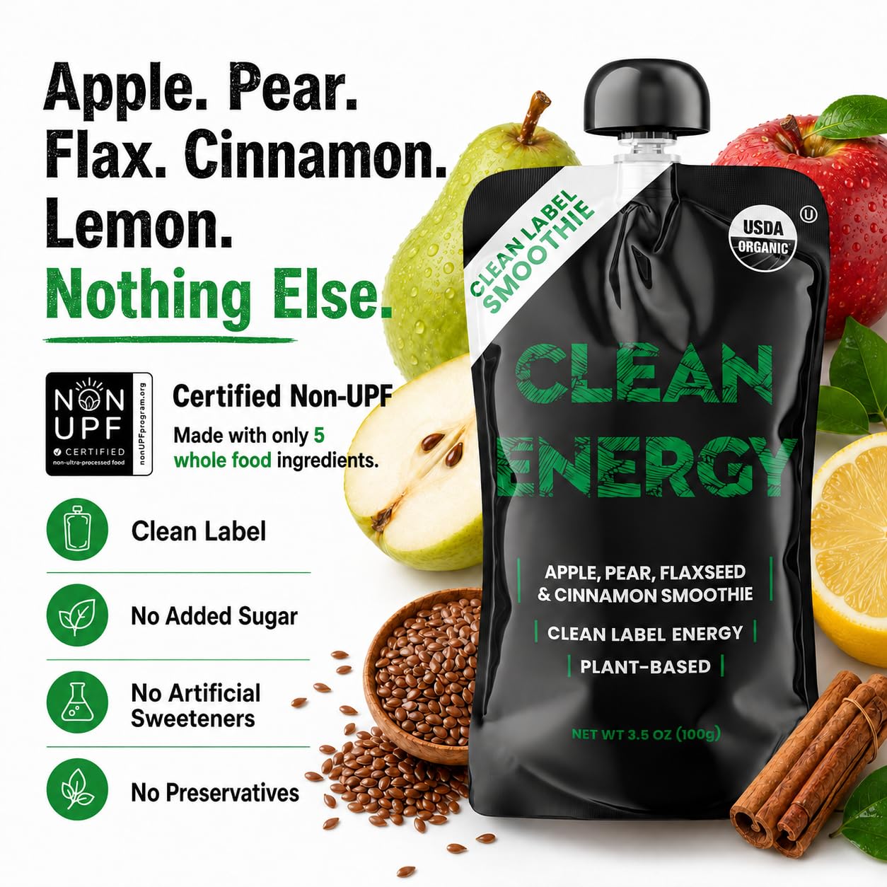 Clean Energy ingredients laydown showing apples, pears, flax benefits