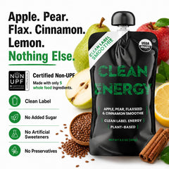 Clean Energy ingredients laydown showing apples, pears, flax benefits