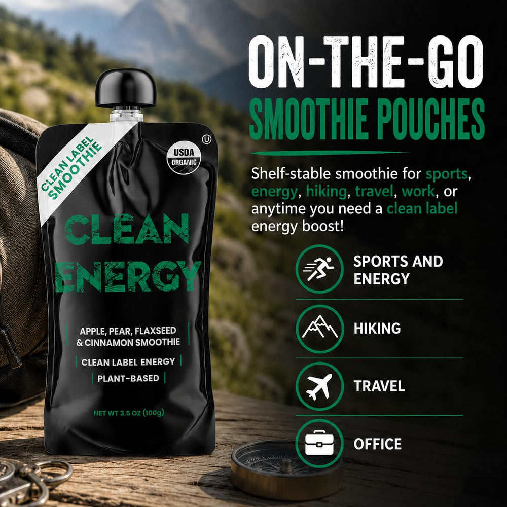 Clean Energy pouch chilled on a table suggesting freshness and taste