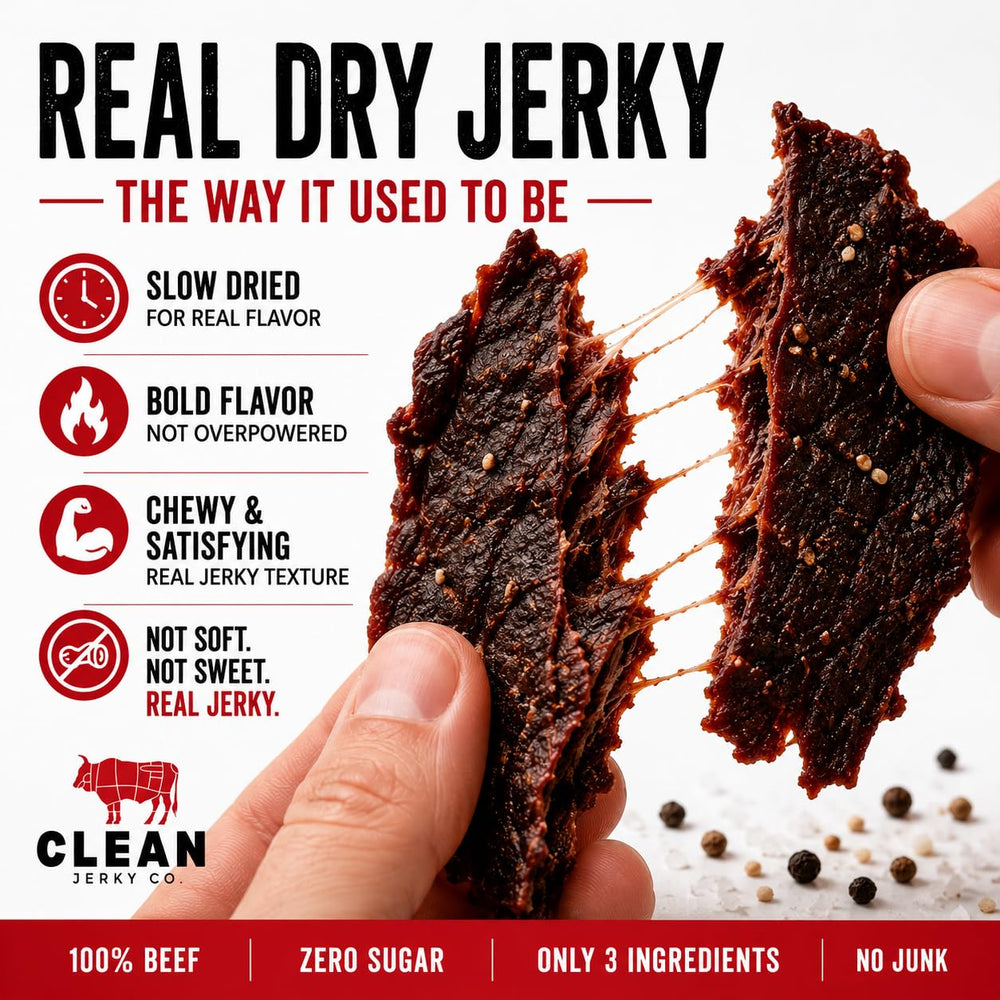 Clean Jerky Co close-up of very dry texture highlighting protein-dense chew benefit