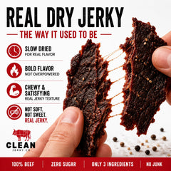 Clean Jerky Co close-up of very dry texture highlighting protein-dense chew benefit
