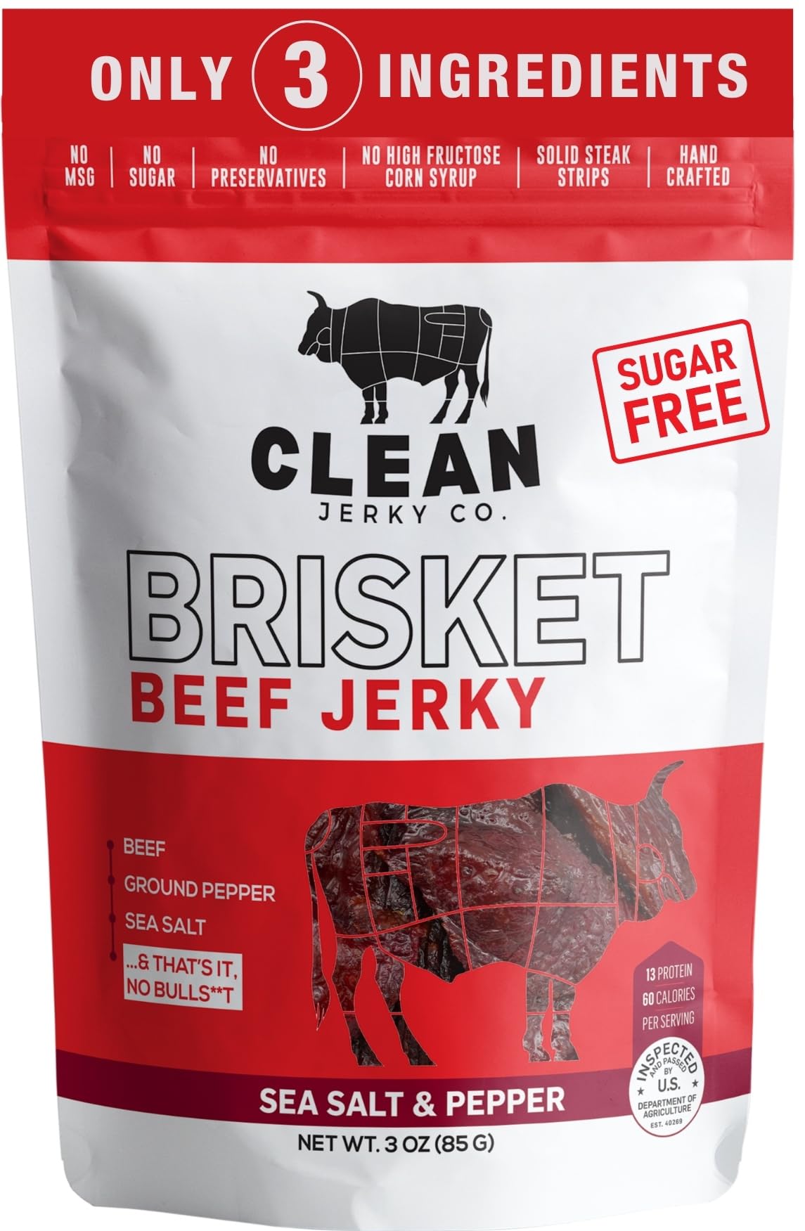 Clean Jerky Co front packaging showing salt & pepper flavor and clear ingredients benefit