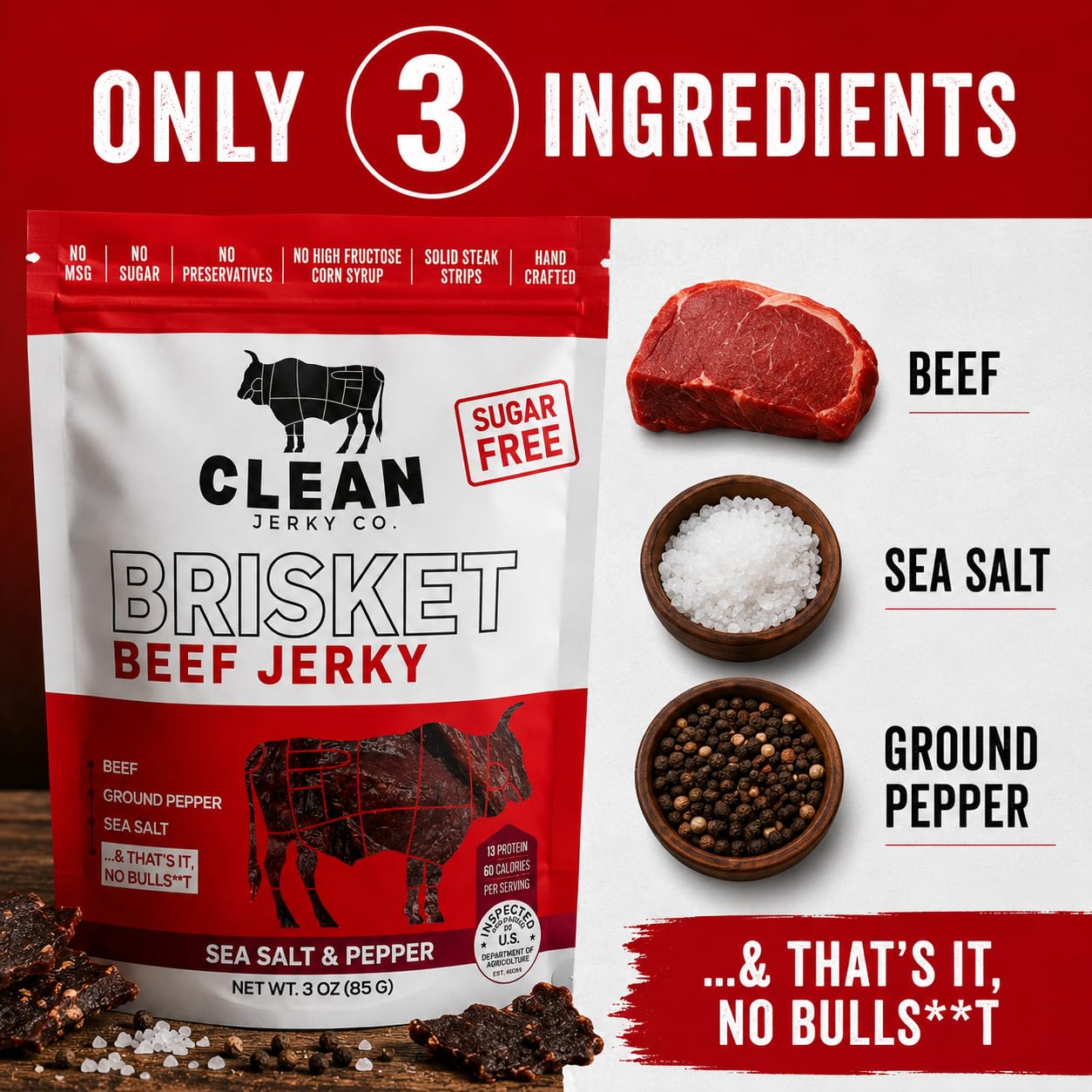 Clean Jerky Co single beef strip on white background showcasing lean meat benefit