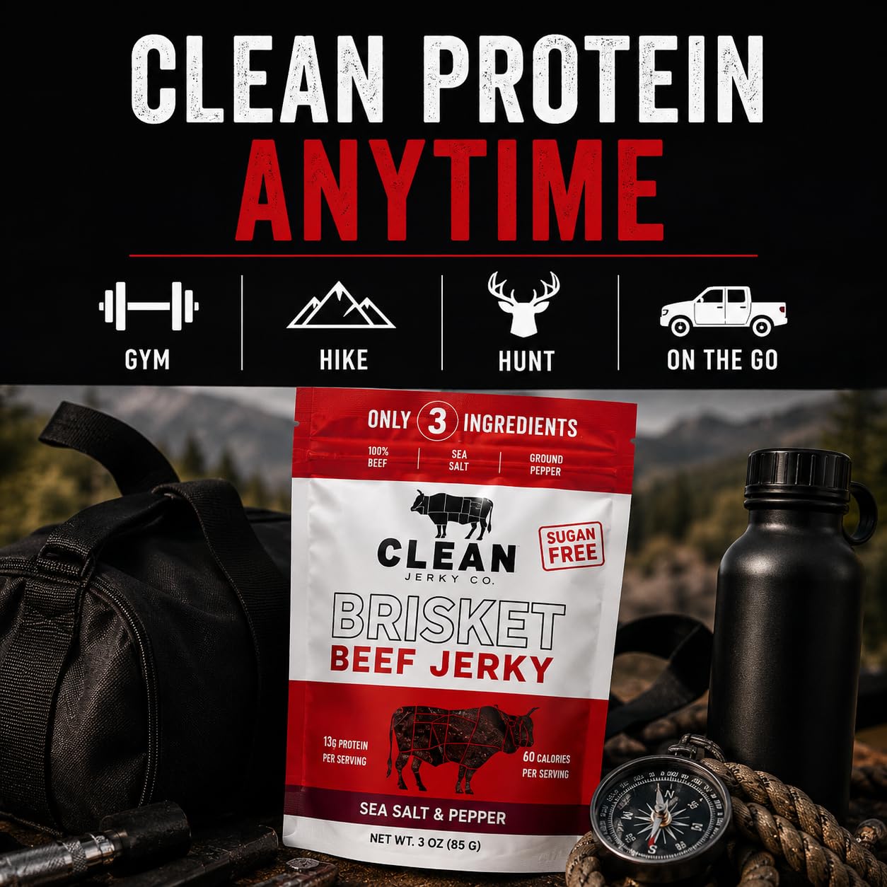 Clean Jerky Co jerky strip in hand to show scale and portion control benefit