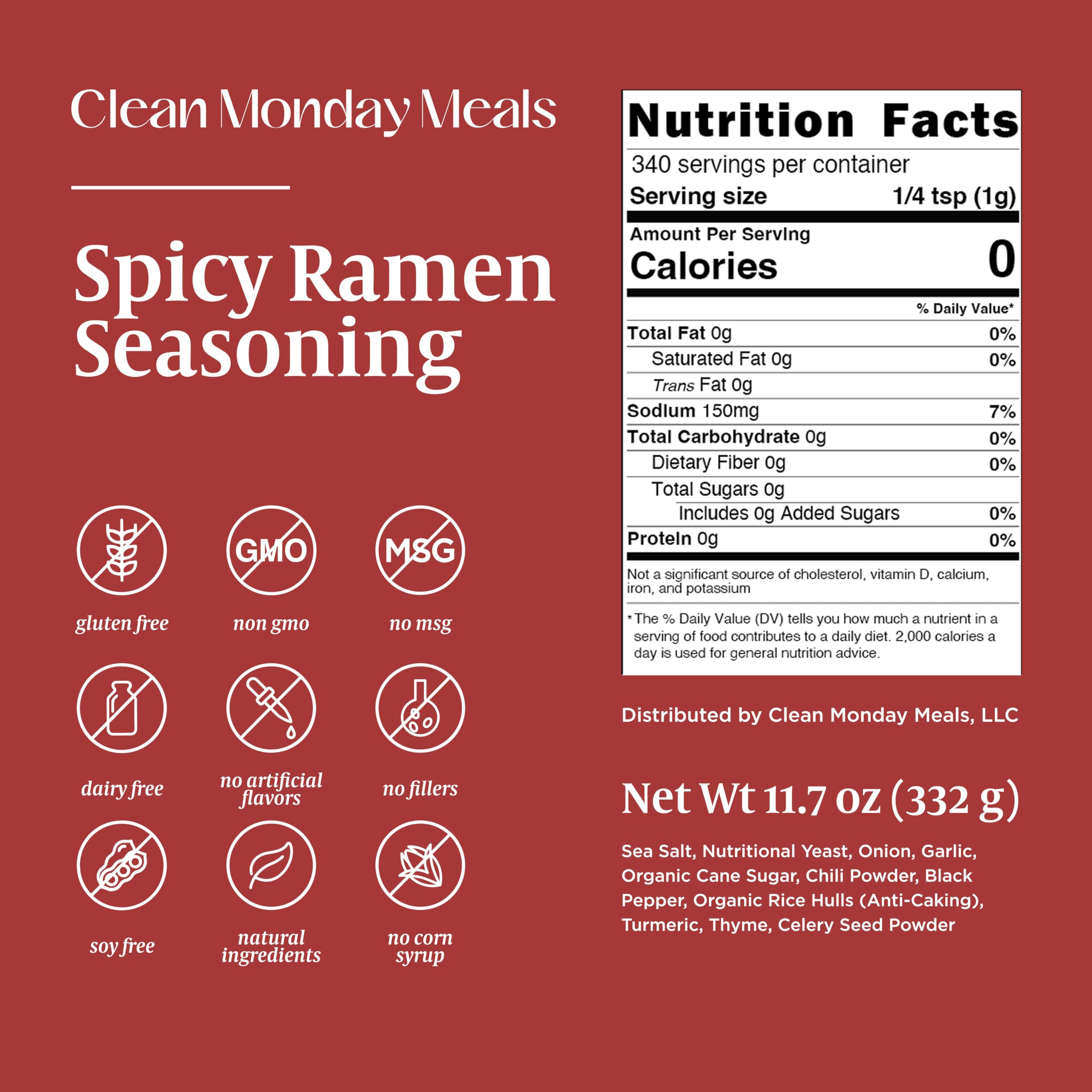 Clean Monday Meals label and ingredient list detail ensuring transparency and allergy info