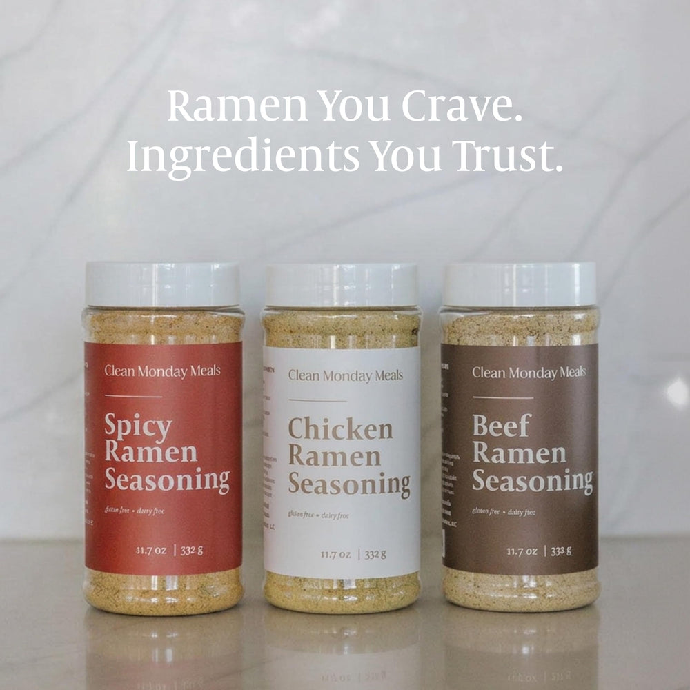 Clean Monday Meals seasoning sprinkled over ramen noodles adding instant savory flavor