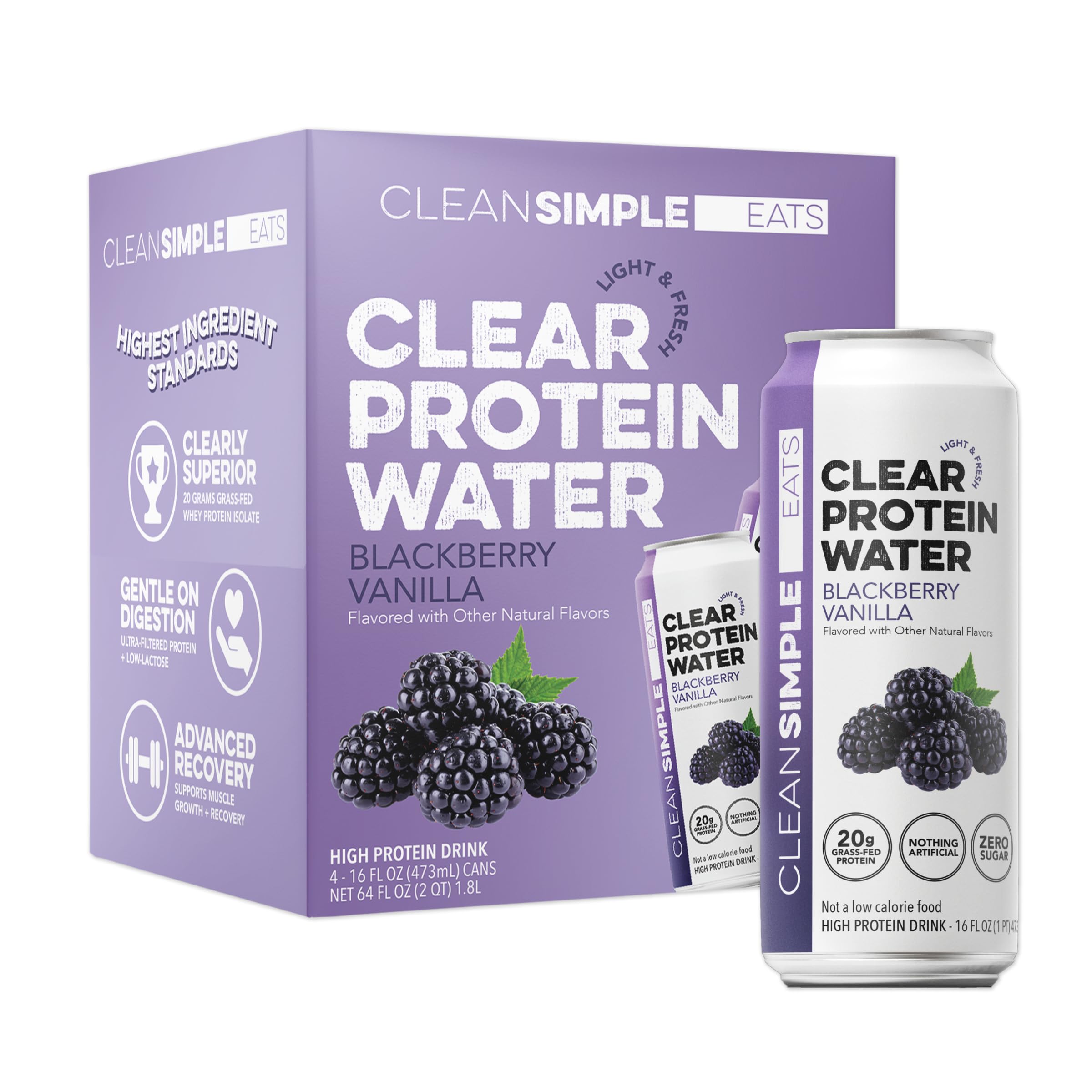 Clean Simple Eats front can showing blackberry vanilla flavor and protein amount